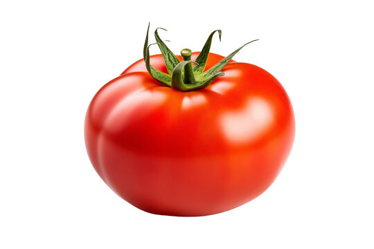A large, red tomato sits on a white surface