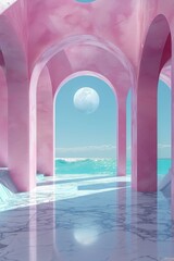 pink arched hallway with blue ocean and moon