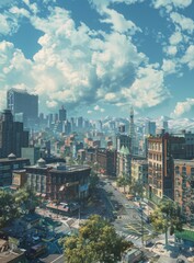 Naklejka premium Cityscape of a fictional city with tall buildings and a clear blue sky