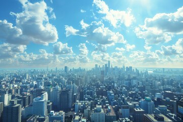 Obraz premium A cityscape image of a large dense city with skyscrapers and a blue sky