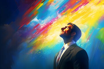 Innovative Businessman Harnessing the Power of Stylized Lightcore Art with Rainbow Sparks