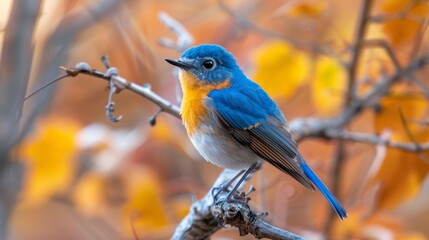 A small blue and yellow bird sitting on a branch, AI