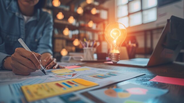 A conceptual photo of a bustling marketing agency brainstorming ideas for a new campaign, symbolizing creativity and collaboration in the competitive world of advertising