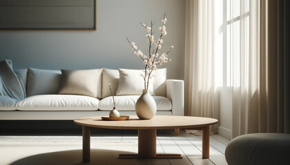 a Vase with blossom twig on wooden coffee table near white sofa with pillows against window. Minimalist Scandinavian home interior design of modern living room