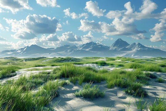 Sand dunes in a vast desert landscape with mountains in the distance
