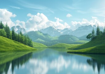 Tranquil mountain lake and rolling green hills landscape