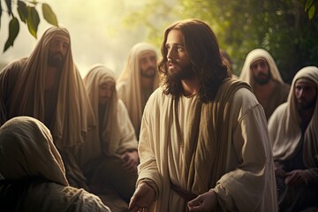 jesus is standing in front of a crowd of people and talking to them
