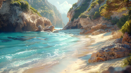 A secluded beach cove hidden by rugged cliffs, its golden sands kissed by gentle waves and warmed...