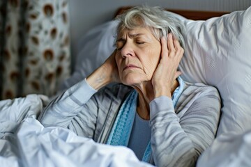 Senior woman experiencing headache upon waking in cozy bedroom setting