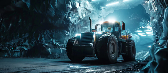 Heavy duty wheel loader operating in an illuminated underground mine