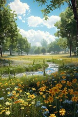 Obraz premium Beautiful Summer Landscape With Yellow Flowers And Green Trees