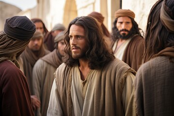 jesus is standing in front of a crowd of people and talking to them