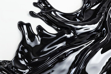 A striking composition of glossy, jet black paint splashes against a stark white background. The high contrast and fluid shapes create a bold,