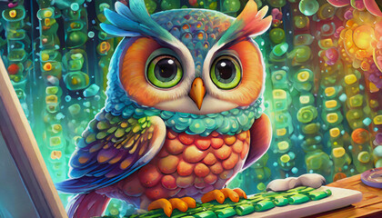 oil painting style CARTOON CHARACTER cute owl Inventor Works on a lap top at her desk
