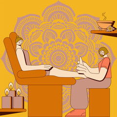 Techniques for giving feet massage by professional therapist in spa. Design concept. Isolated flat vector illustration.