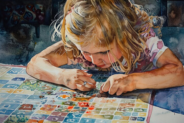 A painting depicting a young girl engrossed in playing with a jigsaw puzzle, focused and determined