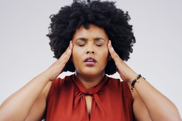 Black woman, hands and temple headache in studio with stress pressure or fatigue, migraine or pain....