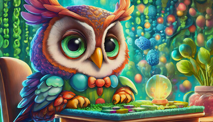 oil painting style CARTOON CHARACTER cute owl Inventor Works on a lap top at her desk