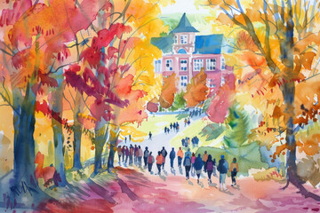 A painting depicting a diverse group of individuals strolling through a lush green park on a sunny day