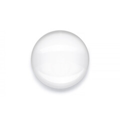 A round glass lens centered on a stark white backdrop.