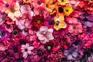 A collection of vibrant flowers mounted on a wall, adding color and beauty to the surroundings