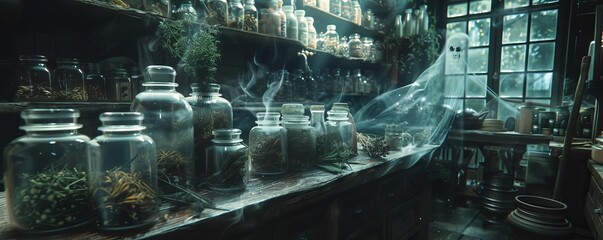 Creepy herb shop with jars filled with ancient remedies and a ghostly shopkeeper fading in and out