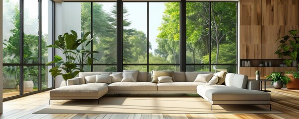 Modern ecofriendly living room with large windows, natural light, and minimalistic furniture, promoting a sustainable home environment