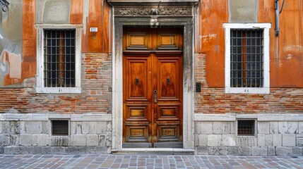 A large wooden door on a brick building with two windows, AI