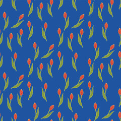 Seamless pattern with comfortable red tulips on blue background. Vector image.