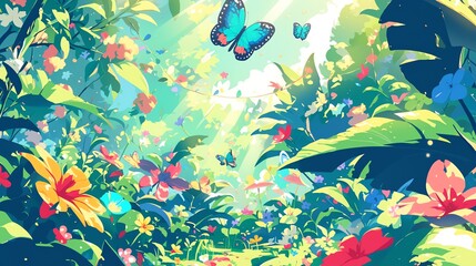 A whimsical garden scene with butterflies flitting among colorful blossoms and lush foliage. ,