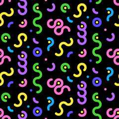 Colorful line doodle seamless pattern. Simple scribbles on black background. Vector illustration in trendy minimalist style.