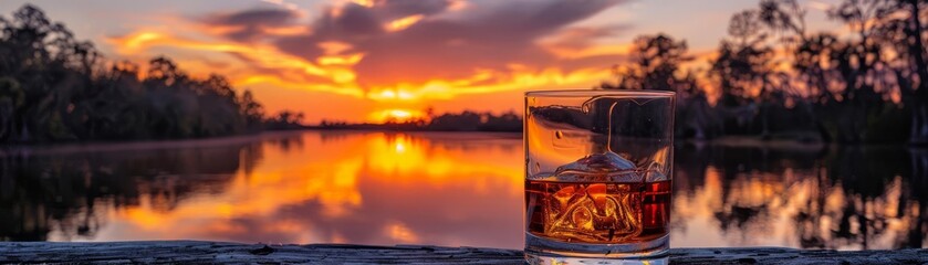 A glass of bourbon with a double exposure of a fiery sunset over a quiet, Southern bayou