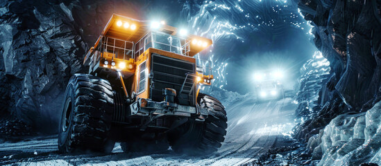 Large mining trucks operate in an illuminated underground mine, highlighting industrial strength and efficiency