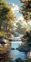 A beautiful landscape with a river flowing through a forest