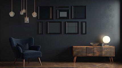 A stylish, dark interior living room showcasing a black wall accented with a gallery of minimalist art in slim, black frames. 