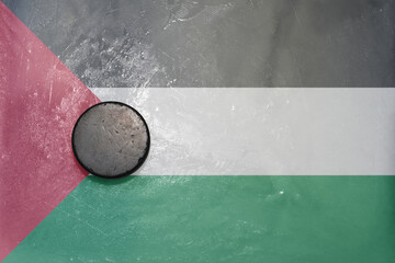 old hockey puck is on the ice with national flag of palestine .