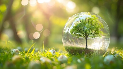 Green tree in a glass globe with a blurred nature background: Earth Day symbolism. Concept Earth Day, Glass Globe, Green Tree, Nature Background, Symbolism