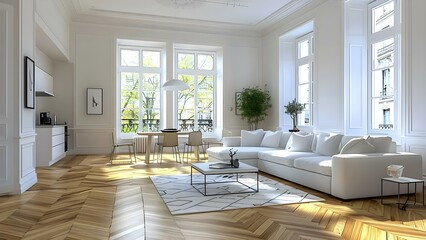 New open plan home with white walls parquet floors and beautiful furniture. Concept Home Decor, Open Floor Plan, White Walls, Parquet Floors, Beautiful Furniture