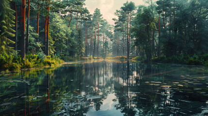 A tranquil forest pond surrounded by towering pine trees, their reflections mirrored perfectly in...