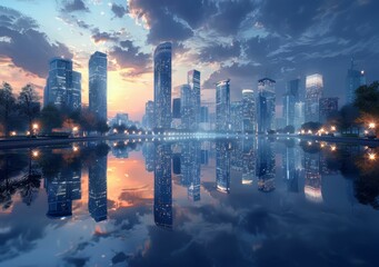 A cityscape image of a modern city with skyscrapers and a lake reflecting the city lights