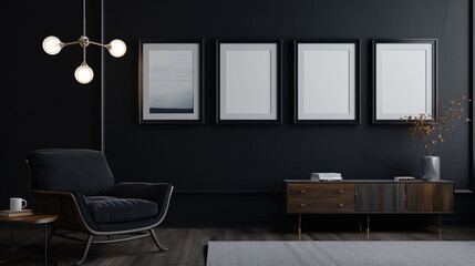 A stylish, dark interior living room showcasing a black wall accented with a gallery of minimalist art in slim, black frames.