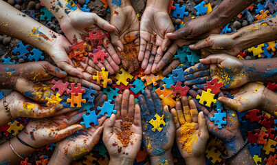 Close-up on Hands Holding Puzzle Pieces: Collaboration
