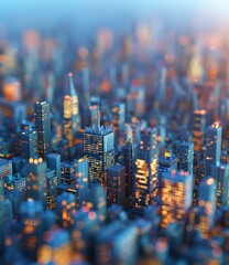Fototapeta premium A miniature model of a city with skyscrapers and lights.