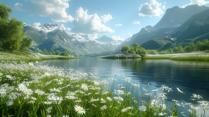 Fototapeta premium Tranquil mountain lake and blooming chamomile flowers in the foreground