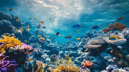 A vivid and dynamic underwater image showcasing the diverse fish species among the coral reef and sun rays