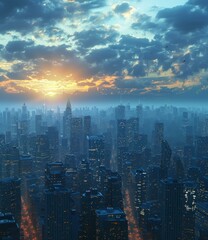 Obraz premium A Metropolis in the Midst of a Vivid Sunset