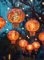 Fototapeta premium Red Chinese Lanterns hanging from a tree