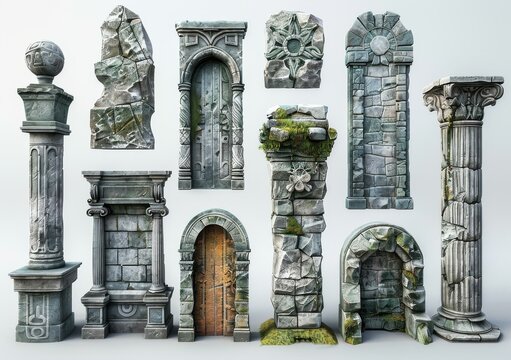 A collection of ancient stone architectural elements