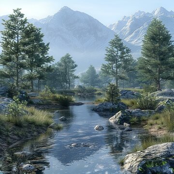 Mountain stream in a valley with large rocks and green trees