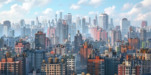 Fototapeta premium A cityscape of tall buildings with a blue sky and white clouds